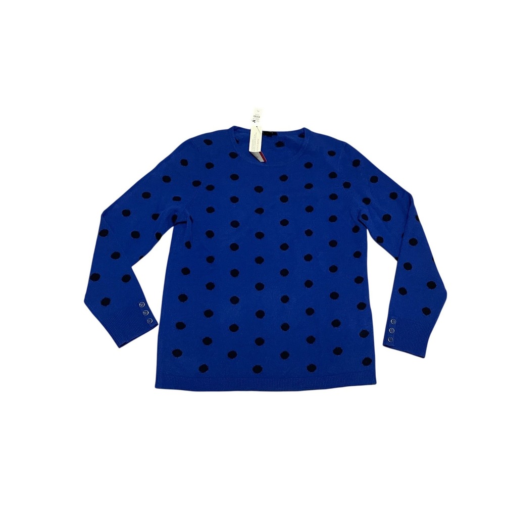 Talbots Petite Large Cashmere Crew Neck Sweater Blue Black Polka Dot Preppy NWT